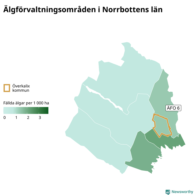Fällda älgar per 1 000 hektar Norrbottens län