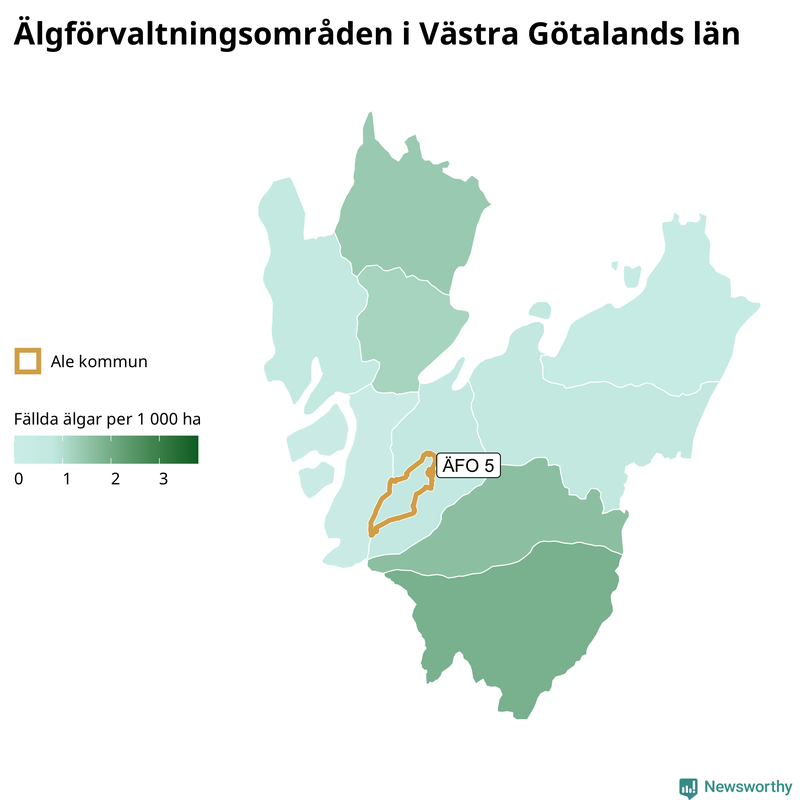 Fällda älgar per 1&nbsp;000 hektar Västra Götalands län
