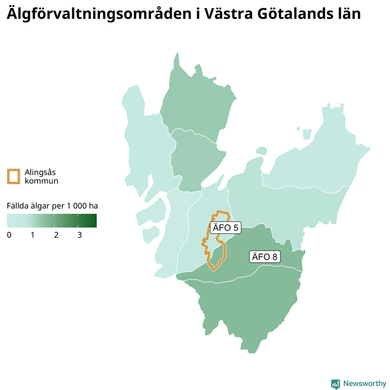 Fällda älgar per 1&nbsp;000 hektar Västra Götalands län