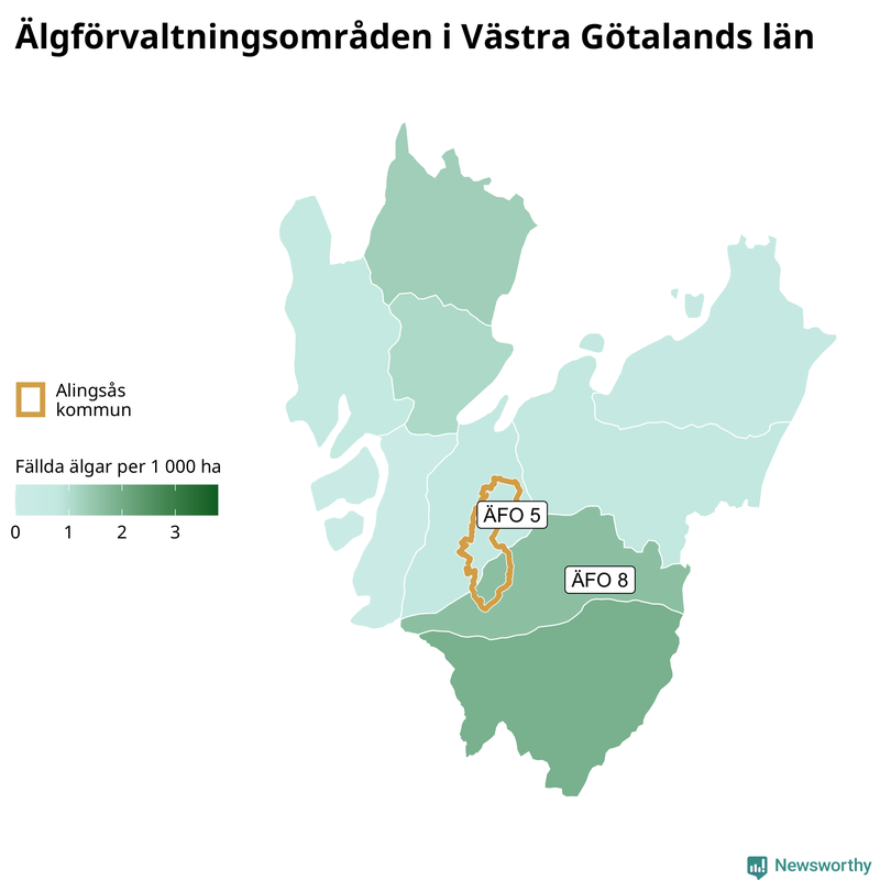 Fällda älgar per 1 000 hektar Västra Götalands län