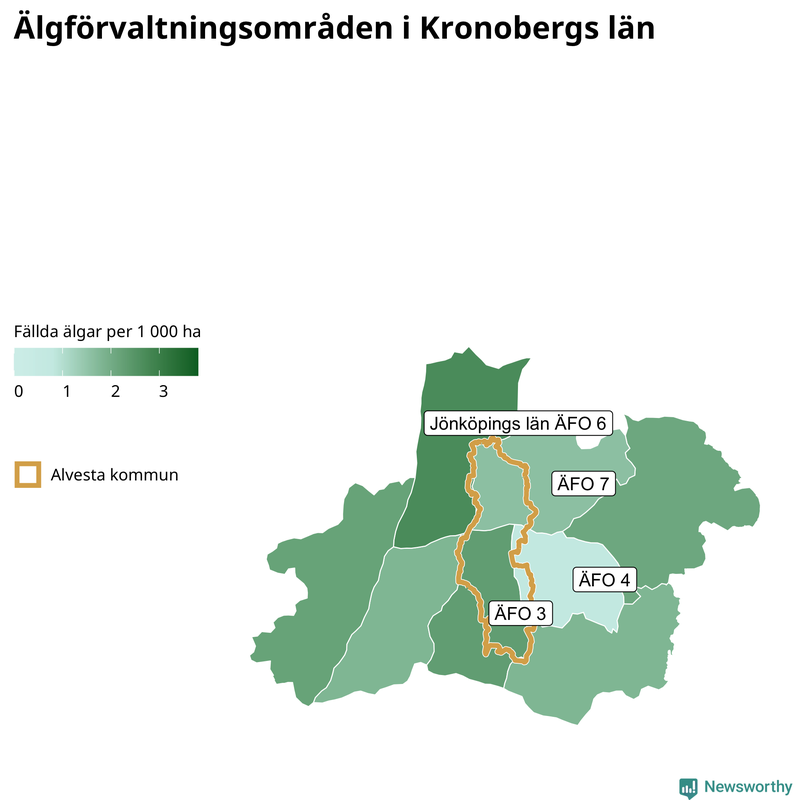Fällda älgar per 1 000 hektar Kronobergs län