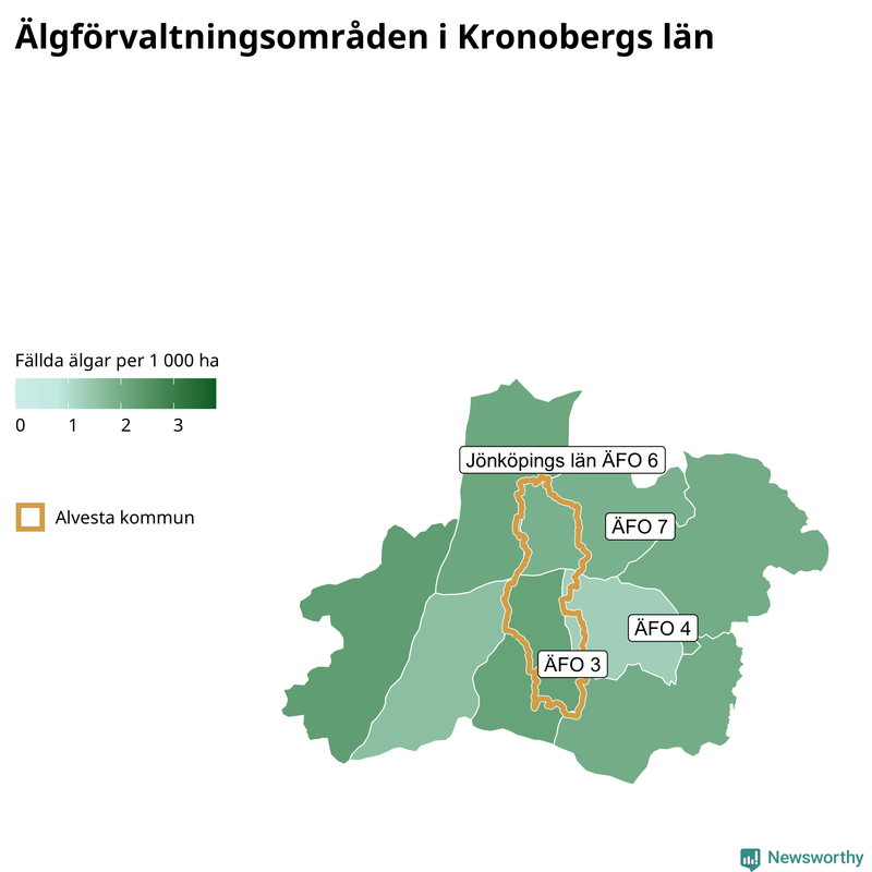 Fällda älgar per 1&nbsp;000 hektar Kronobergs län