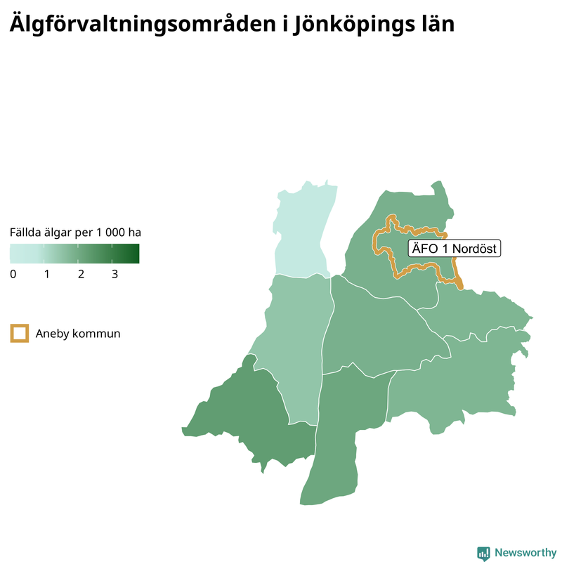 Fällda älgar per 1&nbsp;000 hektar Jönköpings län