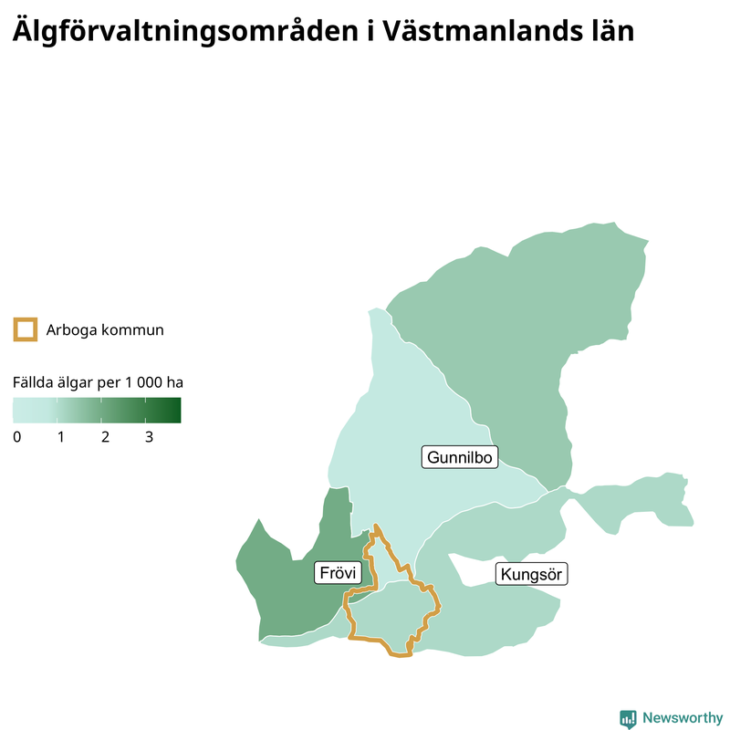 Fällda älgar per 1&nbsp;000 hektar Västmanlands län