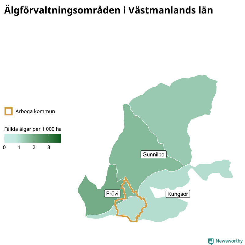 Fällda älgar per 1 000 hektar Västmanlands län