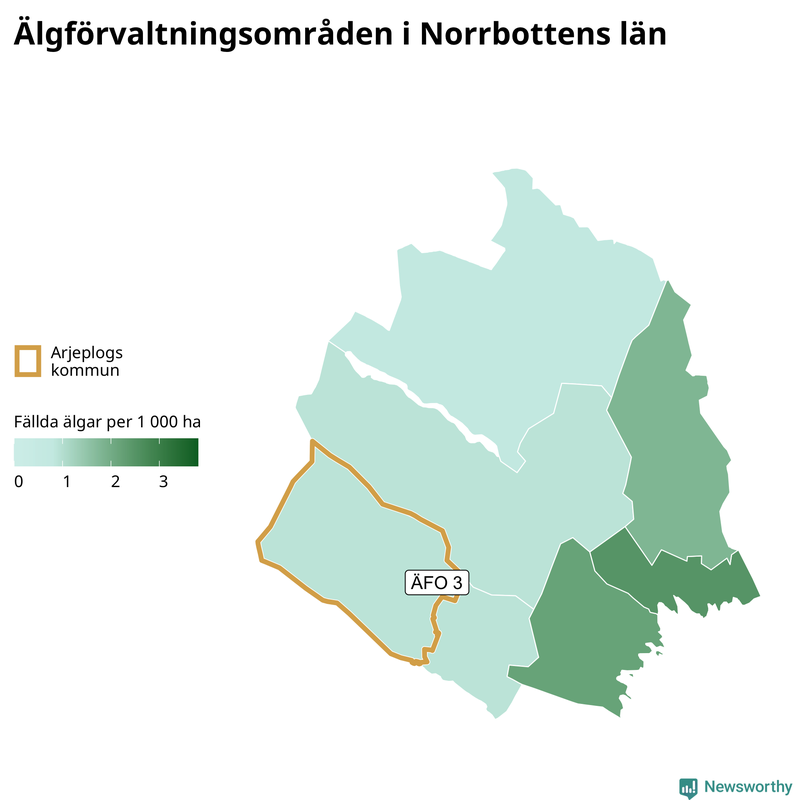 Fällda älgar per 1&nbsp;000 hektar Norrbottens län