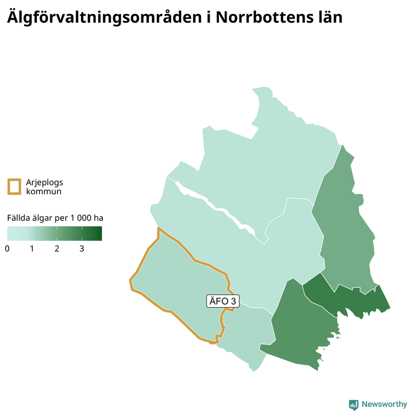 Fällda älgar per 1&nbsp;000 hektar Norrbottens län