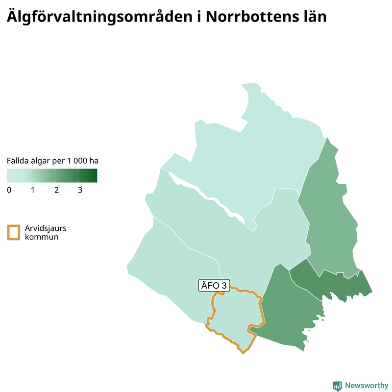 Fällda älgar per 1&nbsp;000 hektar Norrbottens län