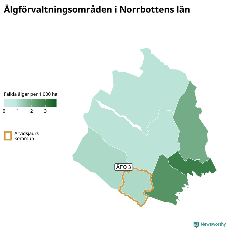 Fällda älgar per 1&nbsp;000 hektar Norrbottens län