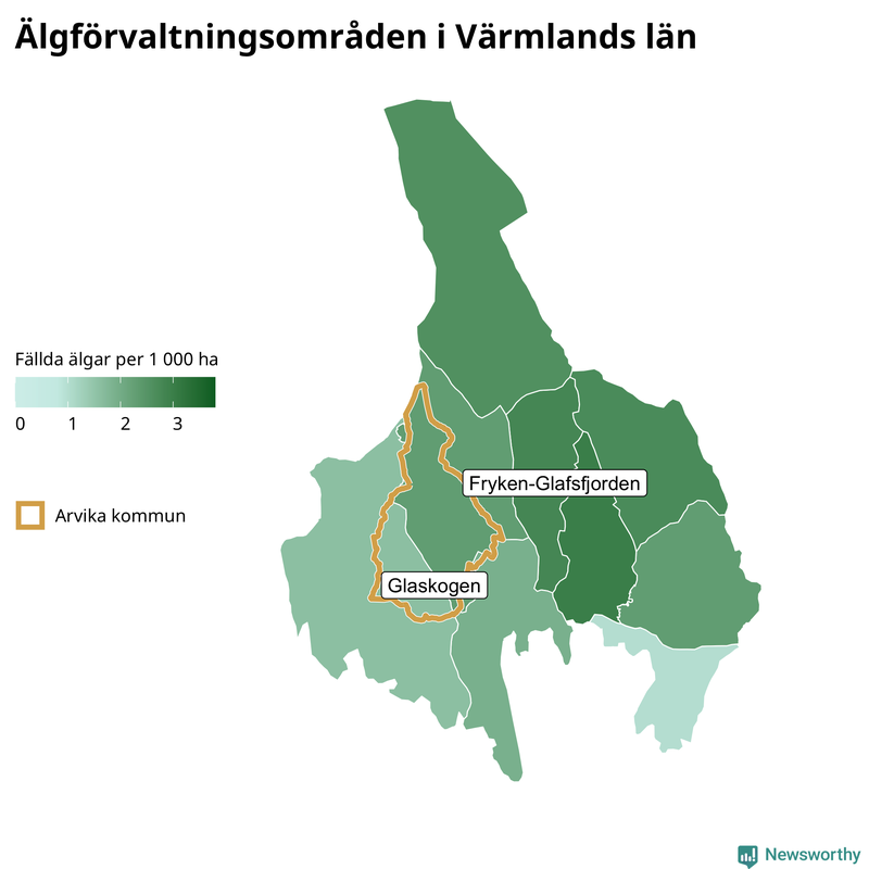 Fällda älgar per 1&nbsp;000 hektar Värmlands län