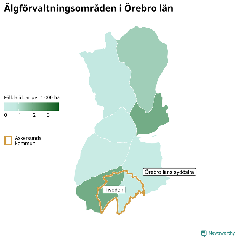 Fällda älgar per 1&nbsp;000 hektar Örebro län