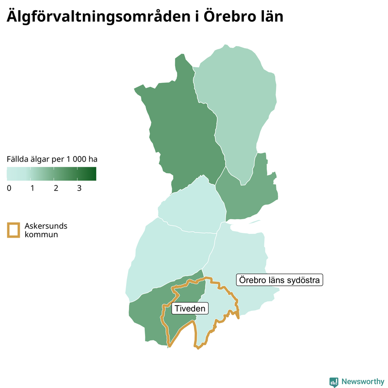 Fällda älgar per 1&nbsp;000 hektar Örebro län