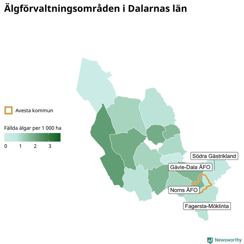 Fällda älgar per 1 000 hektar Dalarnas län