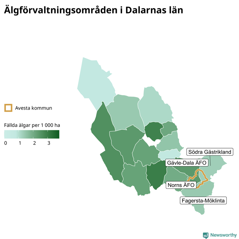 Fällda älgar per 1&nbsp;000 hektar Dalarnas län