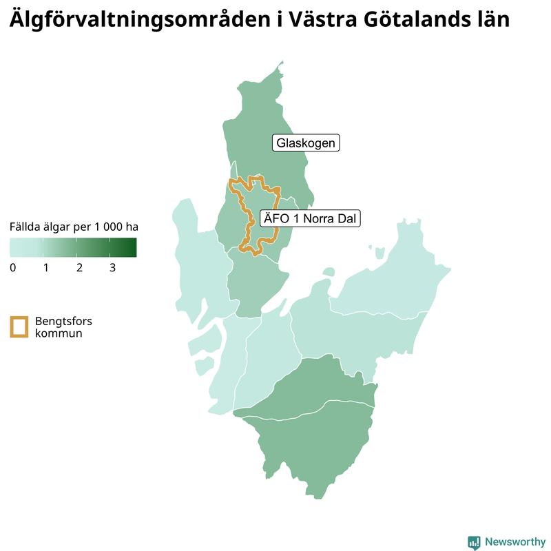 Fällda älgar per 1&nbsp;000 hektar Västra Götalands län