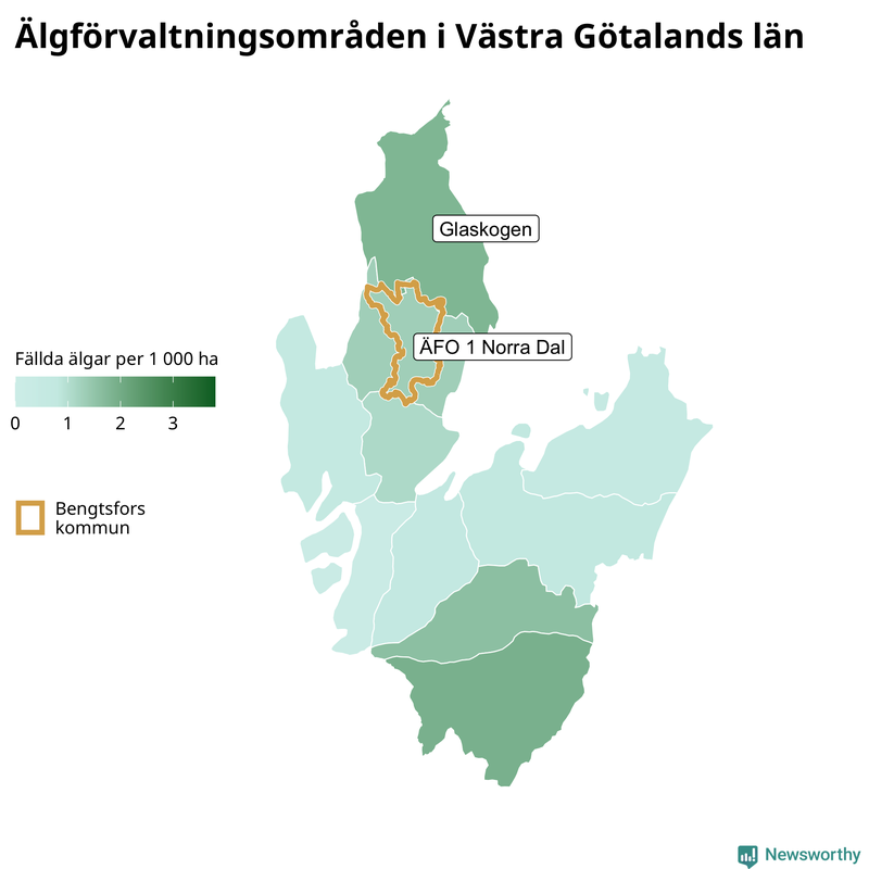 Fällda älgar per 1&nbsp;000 hektar Västra Götalands län