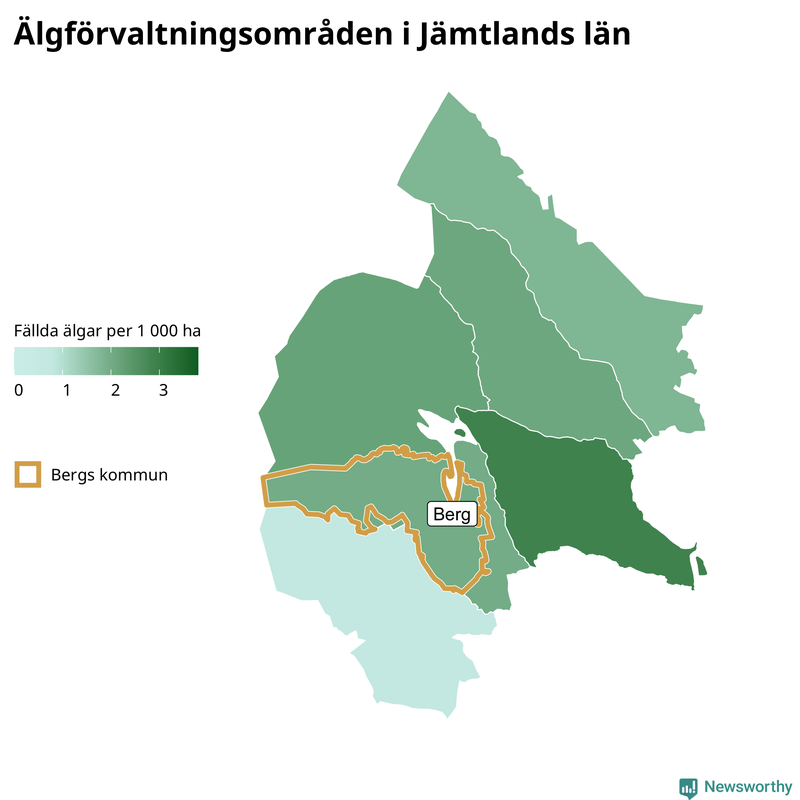 Fällda älgar per 1&nbsp;000 hektar Jämtlands län