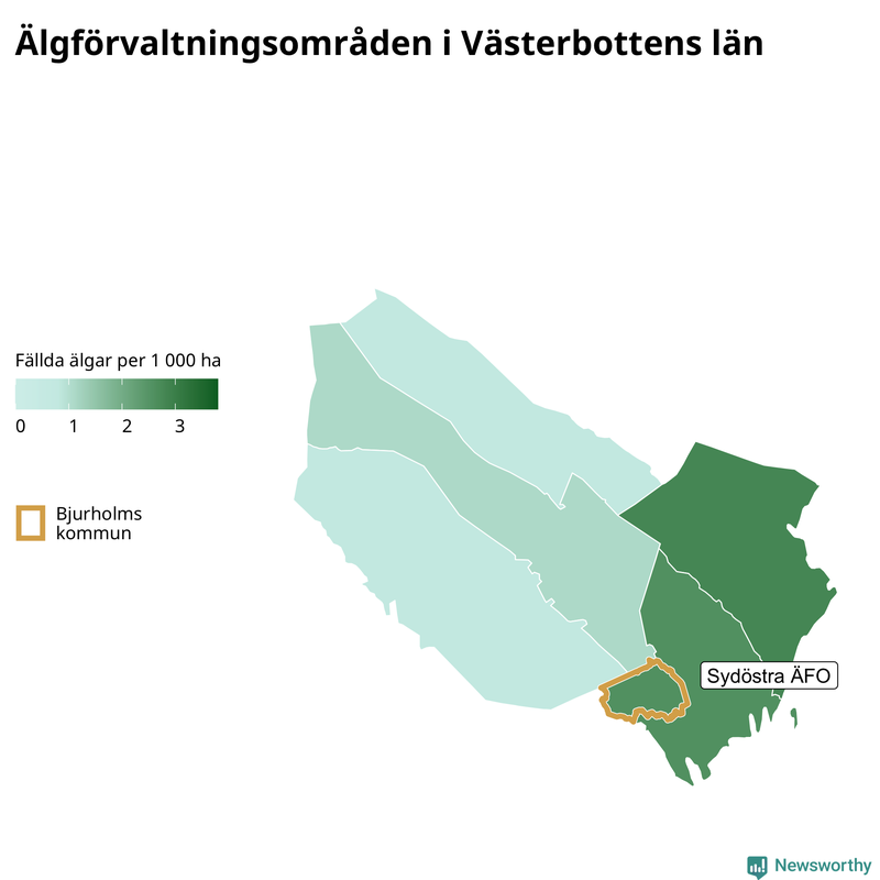 Fällda älgar per 1 000 hektar Västerbottens län