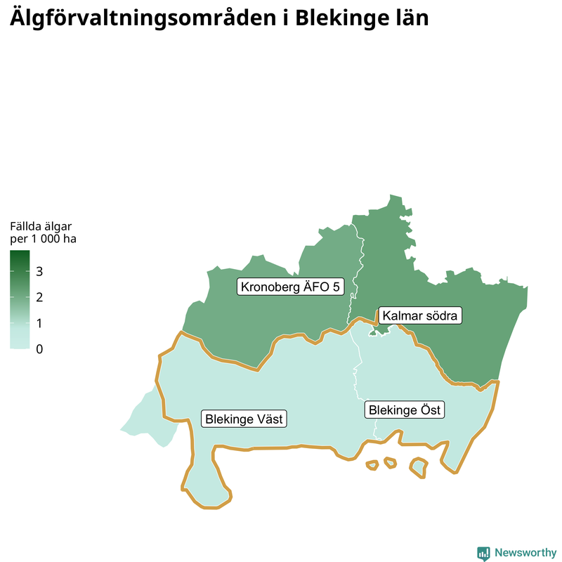 Fällda älgar per 1&nbsp;000 hektar Blekinge län