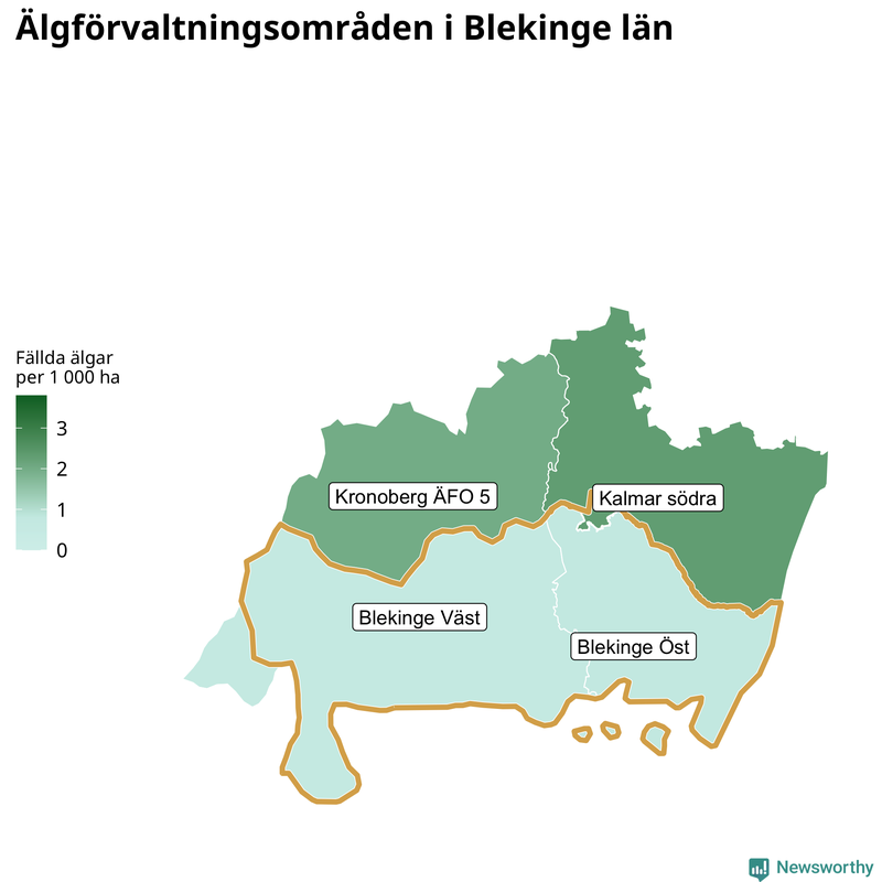 Fällda älgar per 1&nbsp;000 hektar Blekinge län