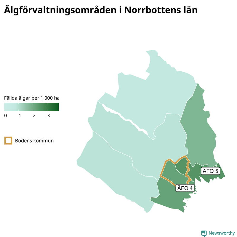 Fällda älgar per 1 000 hektar Norrbottens län