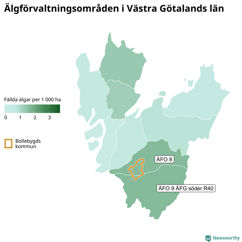 Fällda älgar per 1&nbsp;000 hektar Västra Götalands län