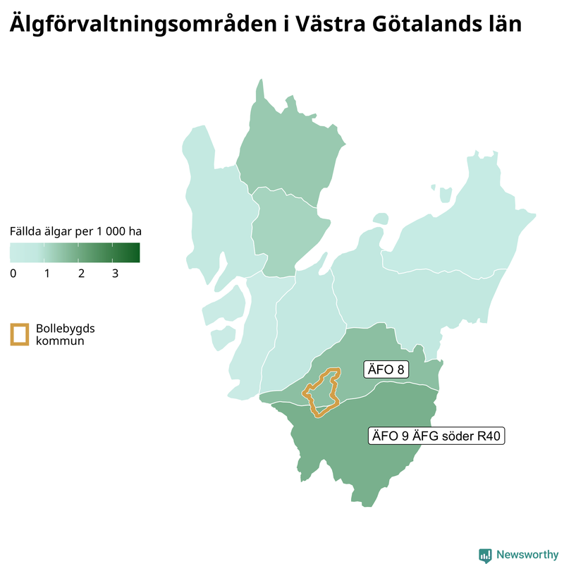 Fällda älgar per 1&nbsp;000 hektar Västra Götalands län