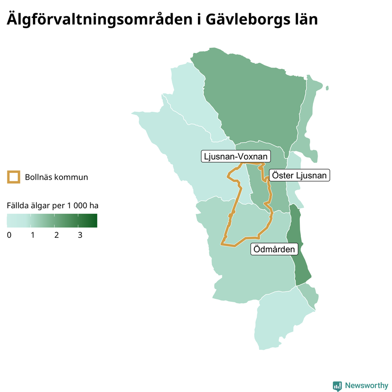 Fällda älgar per 1&nbsp;000 hektar Gävleborgs län
