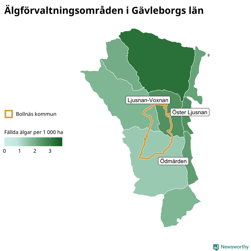 Fällda älgar per 1 000 hektar Gävleborgs län