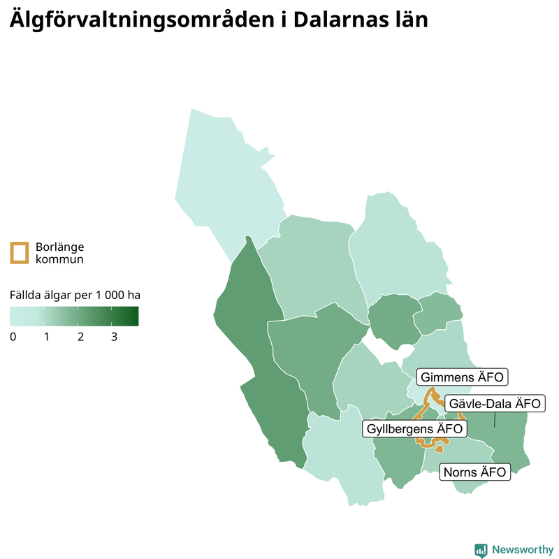 Fällda älgar per 1&nbsp;000 hektar Dalarnas län
