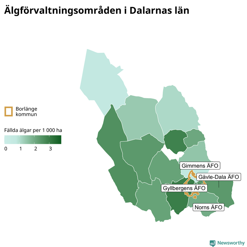 Fällda älgar per 1&nbsp;000 hektar Dalarnas län