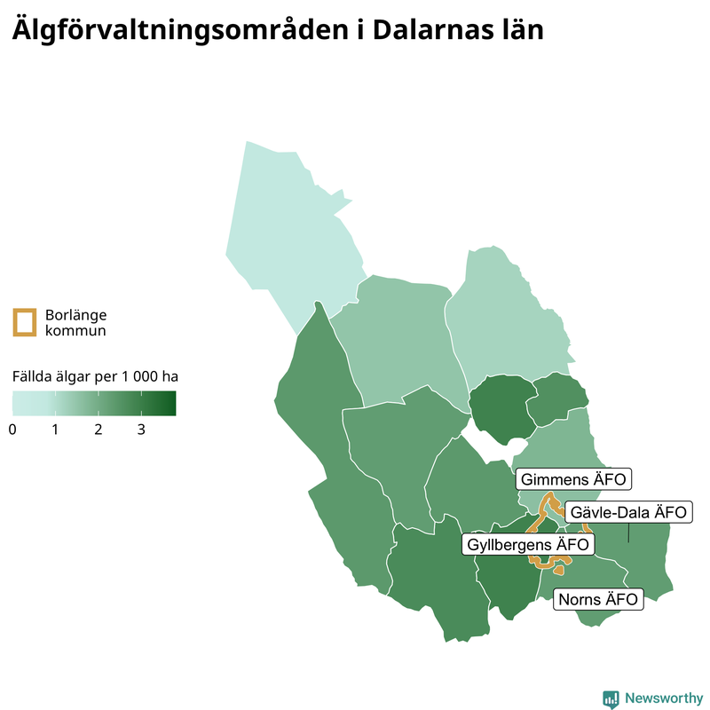 Fällda älgar per 1 000 hektar Dalarnas län