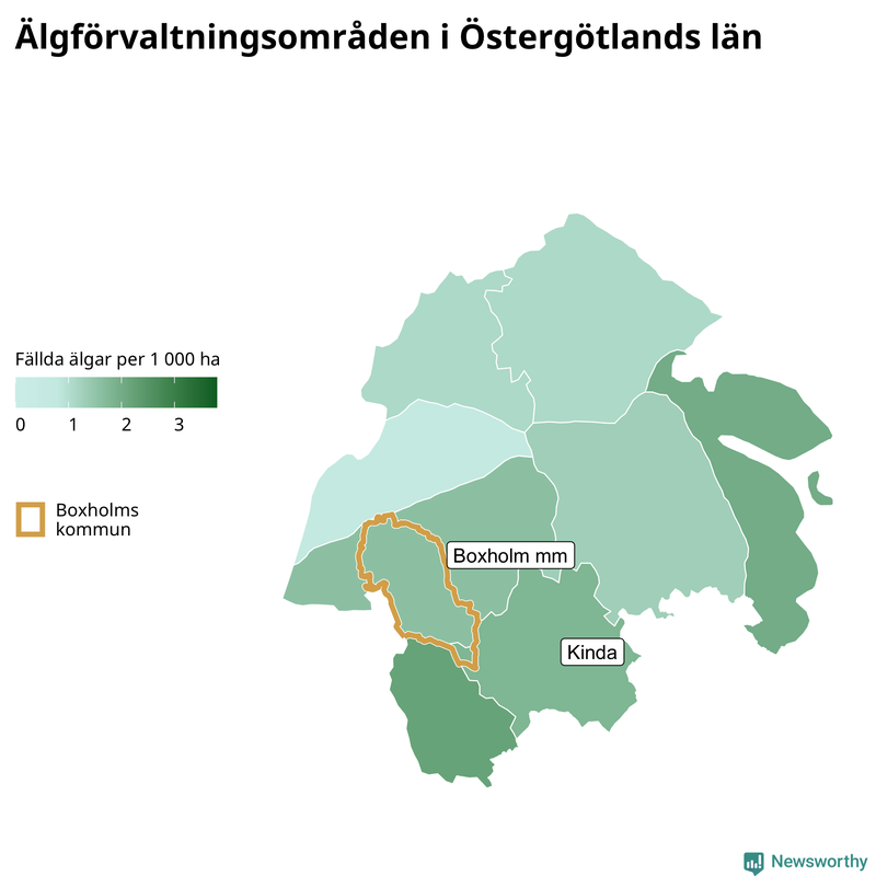 Fällda älgar per 1&nbsp;000 hektar Östergötlands län