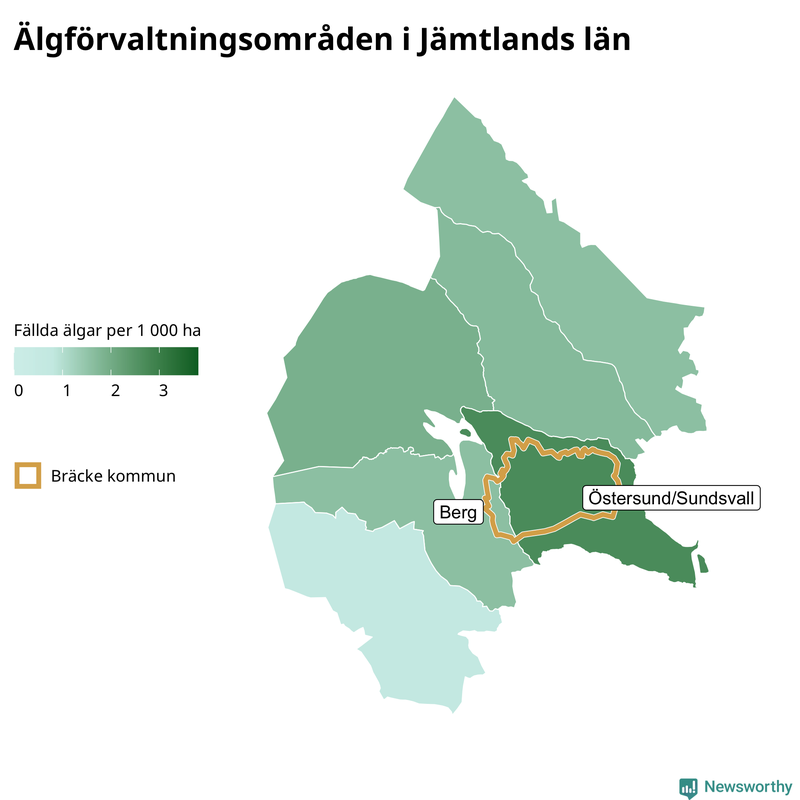 Fällda älgar per 1&nbsp;000 hektar Jämtlands län