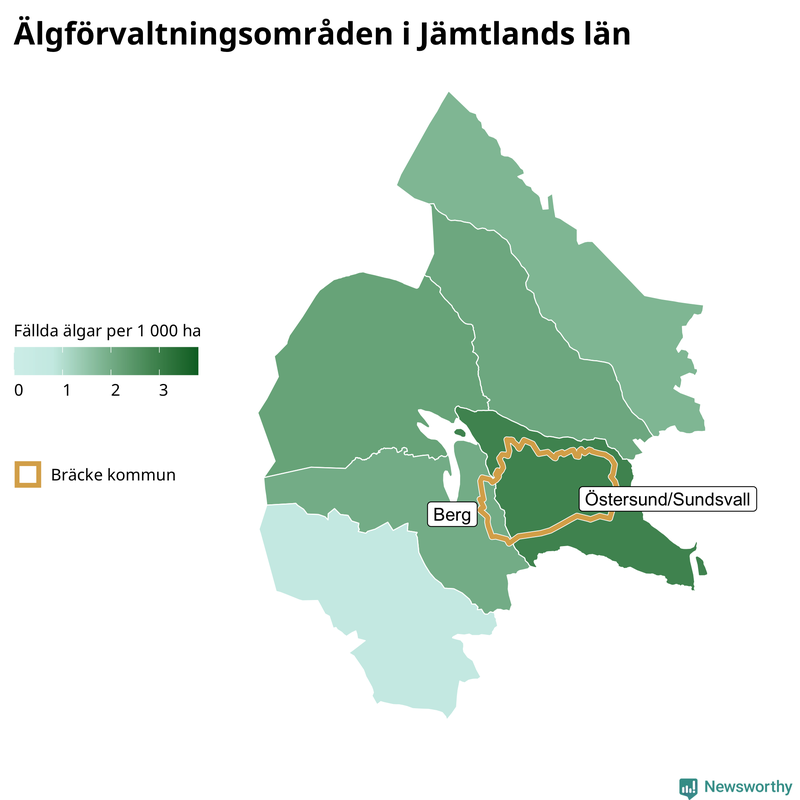 Fällda älgar per 1 000 hektar Jämtlands län