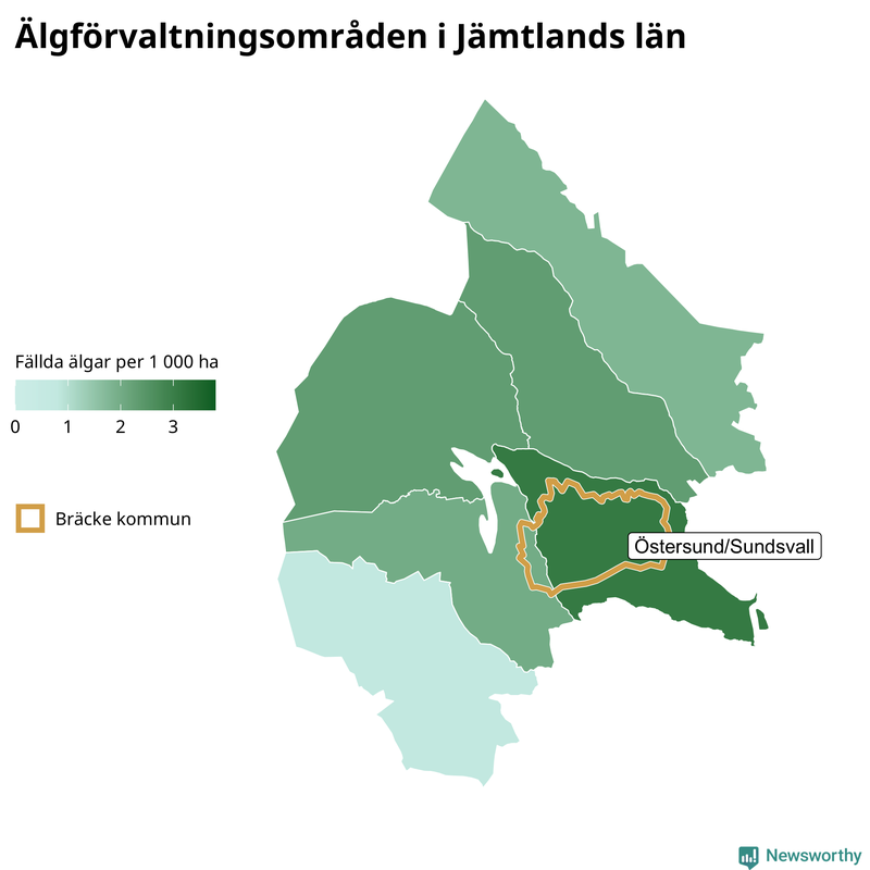 Fällda älgar per 1 000 hektar Jämtlands län