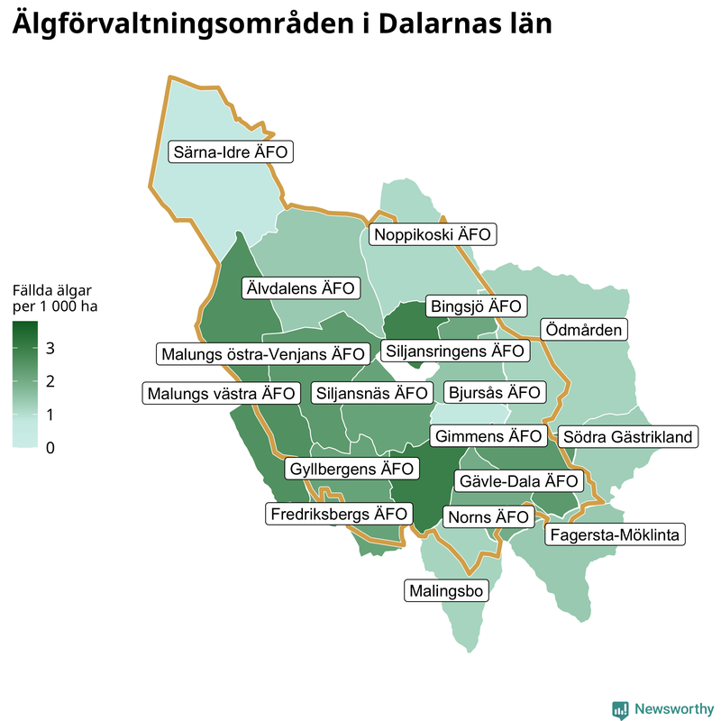 Fällda älgar per 1 000 hektar Dalarnas län