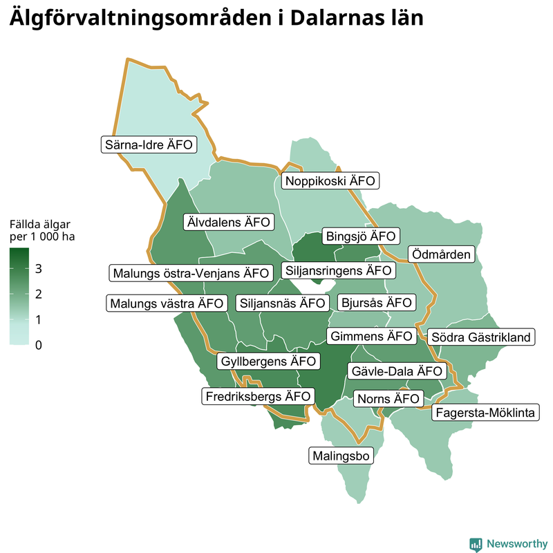 Fällda älgar per 1 000 hektar Dalarnas län