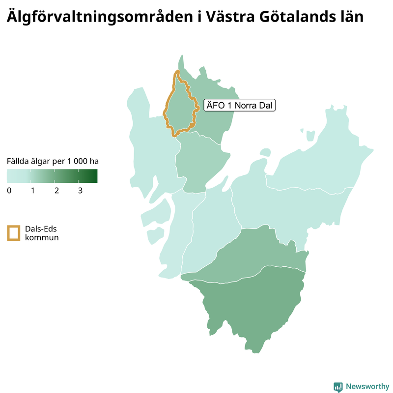 Fällda älgar per 1&nbsp;000 hektar Västra Götalands län
