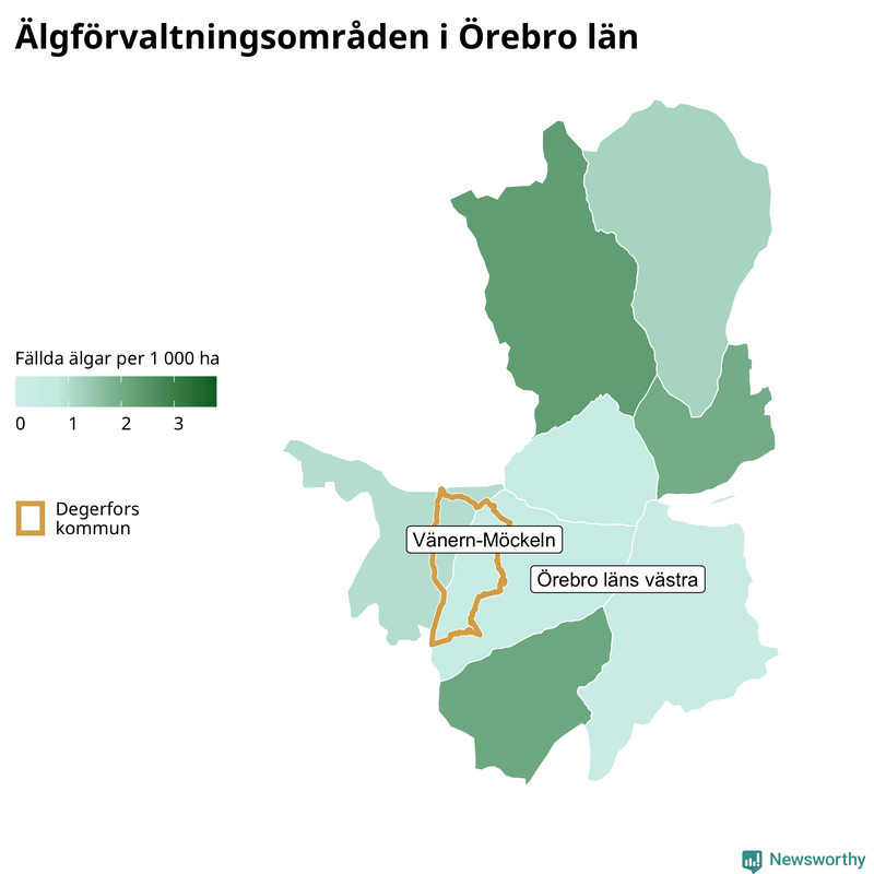 Fällda älgar per 1&nbsp;000 hektar Örebro län
