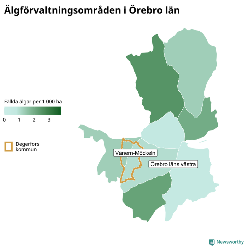 Fällda älgar per 1 000 hektar Örebro län
