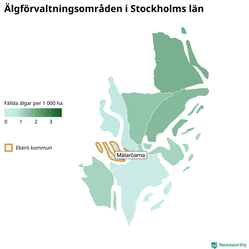 Fällda älgar per 1&nbsp;000 hektar Stockholms län