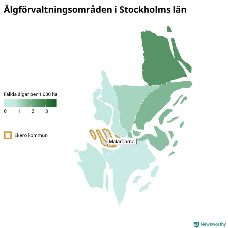 Fällda älgar per 1&nbsp;000 hektar Stockholms län