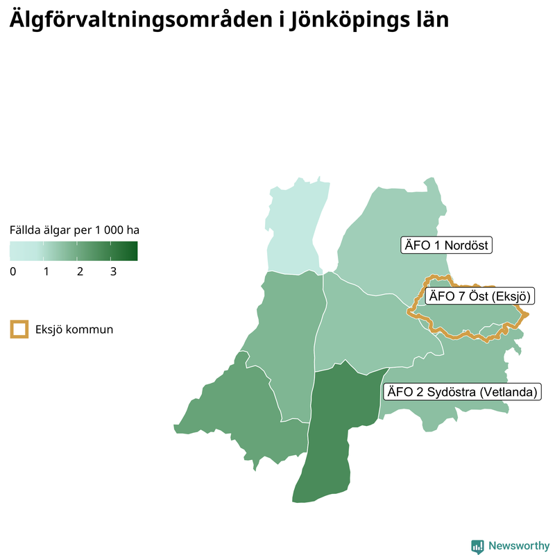 Fällda älgar per 1&nbsp;000 hektar Jönköpings län