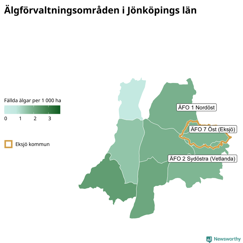 Fällda älgar per 1&nbsp;000 hektar Jönköpings län
