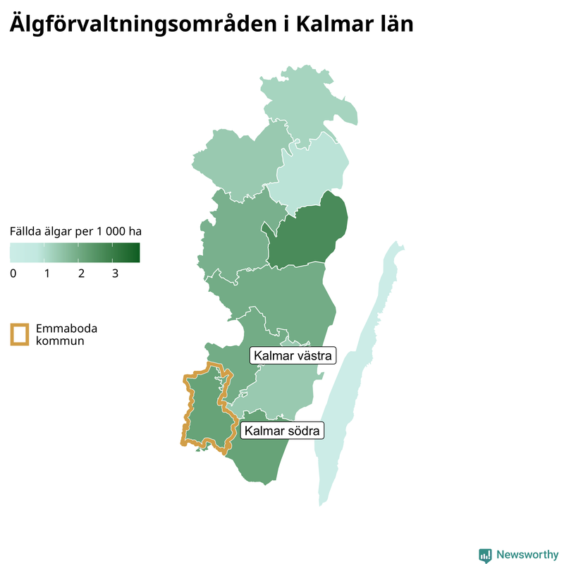 Fällda älgar per 1&nbsp;000 hektar Kalmar län