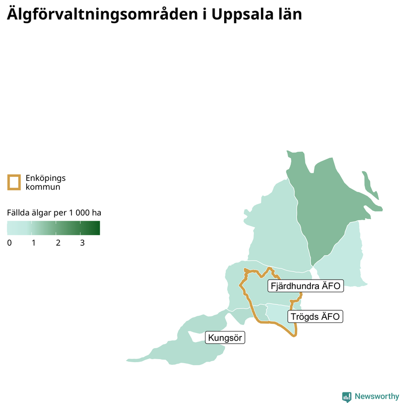 Fällda älgar per 1&nbsp;000 hektar Uppsala län