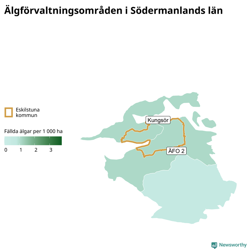Fällda älgar per 1&nbsp;000 hektar Södermanlands län