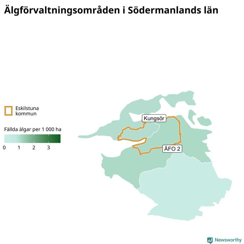 Fällda älgar per 1 000 hektar Södermanlands län