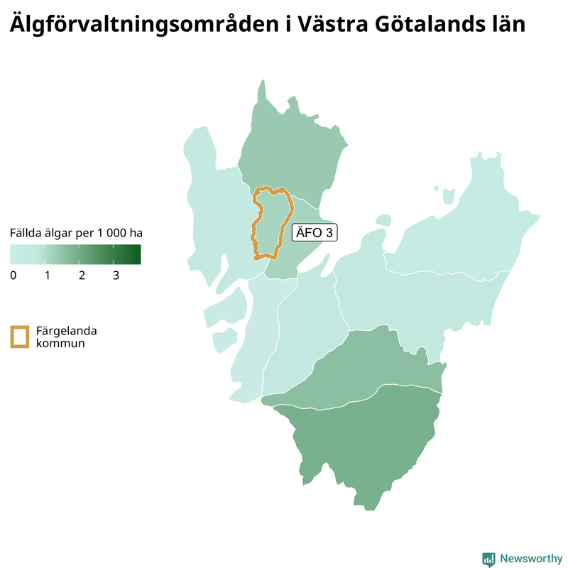 Fällda älgar per 1&nbsp;000 hektar Västra Götalands län